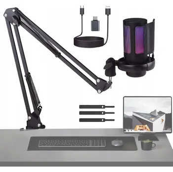 Mikrofon RGB MIKROFON S RAMENEM, TLAČÍTKO ZTLUMENÍ, HERNÍ, USB, POP FILTR