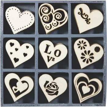 Vánoční dekorace Dřevěné ozdoby v boxu 45ks - srdíčka