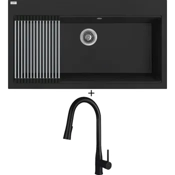 Granitový dřez Granitový dřez SET Laveo TAU SBT B109 černá matná + Rolovací odkapávač + Deante LUKRECJA N72M černá matná