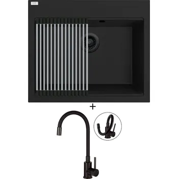 Granitový dřez Granitový dřez SET Laveo TAU SBT B106 černá edice + rolovací odkapávač + Deante NEO LUNO BOC N72M černá matná