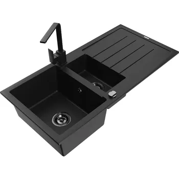 Granitový dřez MEXEN - Andres granitový dřez s odkapávačem včetně baterie Rita, černá nakrapiany 6515-76-670300-70-B