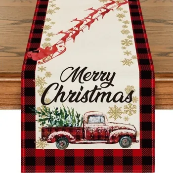 Vánoční dekorace Lněný vánoční běhoun na stůl s motivem vánoční dodávky a Santa Clause, 180×33 cm