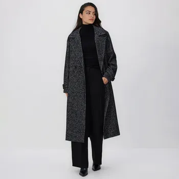 Dámský kabát Reserved - Kabát z vlněné směsi s páskem k uvázání - černý - 723AY-99X - 723AY-99X-L