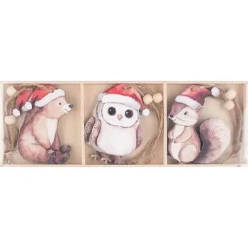 Vánoce ANDĚL Dřevěná zimní zvířátka na zavěšení 6 x 7,5 x 0,5 cm, 6 ks v krabičce