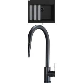 Granitový dřez Granitový dřez SET Laveo TAU SBT B106 černá edice + rolovací odkapávač + Deante LIMA N72M černá matná