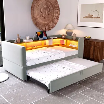 Postel Rozkládací pohovka 90x190 cm s LED osvětlením a úložnými prostory, čalouněná postel světle šedá