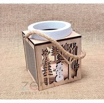 Svícen Lucerna dřevěná se sněhulákem 14,5 cm - přírodní/bílá