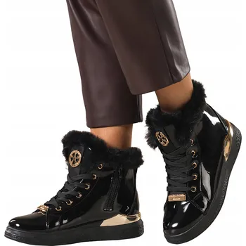 Dámská zimní obuv KOTNÍKOVÉ BOTY Černé Dámské LAKOVANÉ Šněrovací Platforma Zlatá Ozdoba r 39