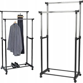 Věšák STOJAK NA UBRANIA DUŻY WIESZAK NA KÓŁKACH DVOJITÝ STOJAN NA OBLEČENÍ S KOLEČKY, ŠATNÍ VĚŠÁK S POLICÍ NA BOTY, KOVOVÝ