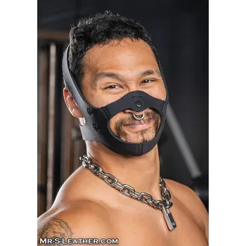 Erotická maska Mr. S Leather Neo Face Muzzle Head Harness, neoprenový harness pro uchycení čumáku
