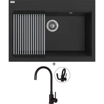 Granitový dřez Granitový dřez SET Laveo TAU SBT B107 černá matná + Rolovací odkapávač + Deante NEO LUNO BOC N72M černá matná