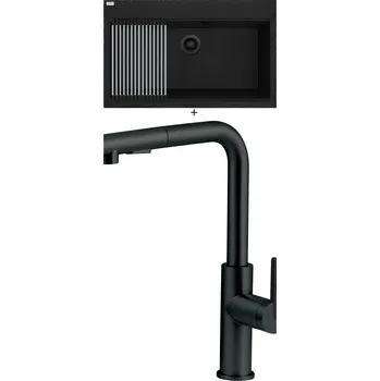 Granitový dřez Granitový dřez SET Laveo TAU SBT B108 černá edice + Rolovací odkapávač + Deante MOMI BKM N73M černá matná