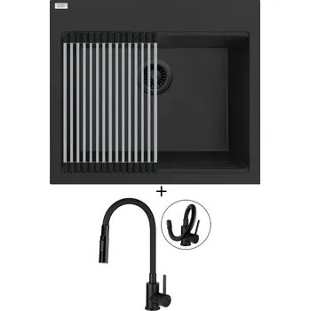 Granitový dřez Granitový dřez SET Laveo TAU SBT 710B černá edice + rolovací odkapávač + Deante NEO LUNO BOC N74M černá matná