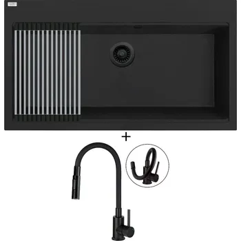 Granitový dřez Granitový dřez SET Laveo TAU SBT B109 černá edice + Rolovací odkapávač + Deante NEO LUNO BOC N74M černá matná