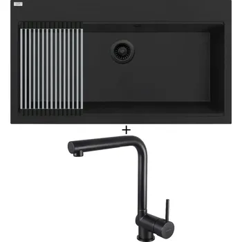 Granitový dřez Granitový dřez SET Laveo TAU SBT B109 černá edice + Rolovací odkapávač + Deante ASTER N73M černá matná
