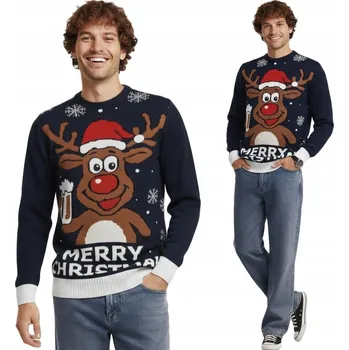 Pánský svetr Pánský vánoční svetr tmavě modrý se sob s korbelem, vtipný vánoční XL