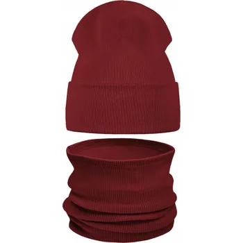 Čepice Bordový komplet ČEPICE ZAVINOVACÍ + NÁKRČNÍK tuba podzim jaro PRUH 54-58