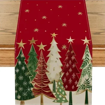 ubrus Lněný vánoční běhoun na stůl 180×33 cm, červený se stromky