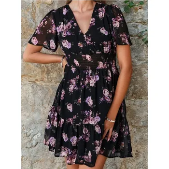 Dámské šaty Sinsay - Mini šaty s krátkým rukávem a květinovým vzorem - vícebarevná - 664FI-MLC - 664FI-MLC-M