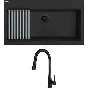 Granitový dřez Granitový dřez SET Laveo TAU SBT B109 černá edice + Rolovací odkapávač + Deante LUKRECJA N72M černá matná