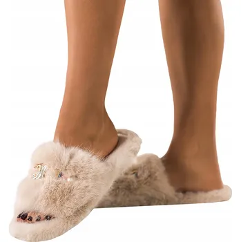 Dámská obuv PANTOFLE Béžové Dámské FUTRÁLNÍ Domácí Obuv Pásek S Ozdobou LEHKÉ vel. 40/41