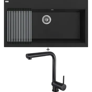 Granitový dřez Granitový dřez SET Laveo TAU SBT B109 černá matná + Rolovací odkapávač + Deante ASTER N73M černá matná