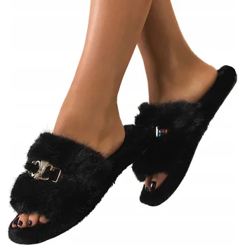 Dámská obuv PANTOFLE Černé Dámské FUTRÁLNÍ Domácí Obuv Pásek S Ozdobou POHODLNÉ vel. 40/41