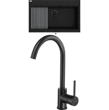 Granitový dřez Granitový dřez SET Laveo TAU SBT B108 černá edice + Rolovací odkapávač + Deante MILIN B62M černá matná