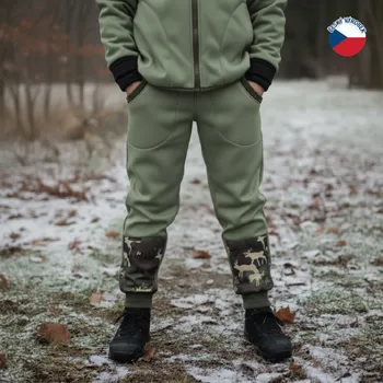 ZÁHOŘÍ Rudel ZÁHOŘÍ Dětské softshellové kalhoty - zelené s jeleny Velikost: 158