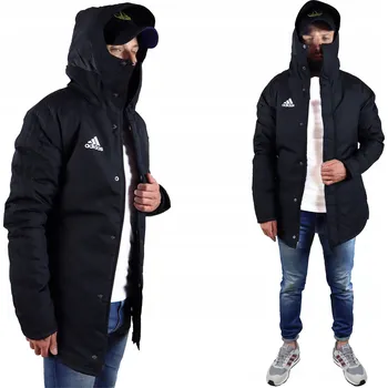 Pánský zimní kabát Adidas ZIMNÍ TEPLÁ pánská bunda s kapucí dlouhá PARKA zateplená ČERNÁ