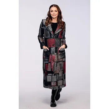 Dlouhý šedočervený dámský kabát s fazonou a kapsami 7672 velikost 3XL