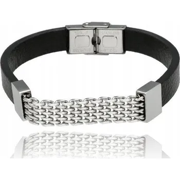 Náramek Pánský náramek Yves z oceli a kůže, černý řetízek, 23 cm, DÁREK