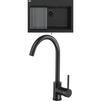 Granitový dřez Granitový dřez SET Laveo TAU SBT B107 černá edice + Rolovací odkapávač + Deante MILIN B62M černá matná