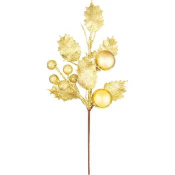 Vánoce Větvička MAGICHOME VÁNOCE, cesmína, zlatá, 24 cm