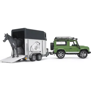 Bruder 2592 Land Rover Defender s přívěsem pro koně včetně 1 koně