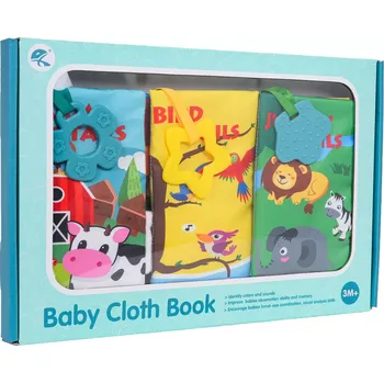 Hračka pro nejmenší Sada měkkých látkových knížek pro miminka s ocásky a kousátky 3 ks