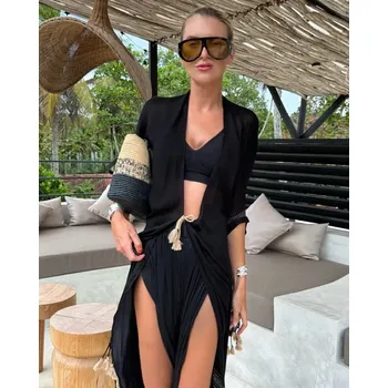 BeChick Černý bavlněný top/kimono Fringe Bechick ❤