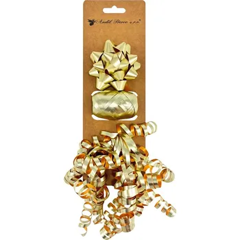 Stuha Sada na balení dárků zlatá, rozeta 7 x 3,5 x 7 cm, stuha 0,5 cm x 10 m, kudrlina s lepíkem