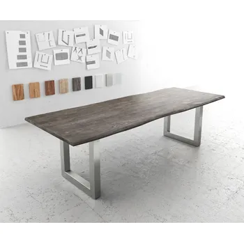 Jídelní stůl DELIFE Jídelní stůl Edge 260x100 akácie platinová nerezová ocel široký Live-Edge