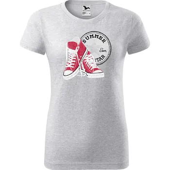 Dámské tričko levne-damske-bavlnene-tricko-potisk-cervene-tenisky Velikost dámská trička Basic: XXL šířka 59, délka 69, Odstín dámské tričko Basic: Světle šedý melír