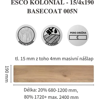 dřevěná podlaha Dřevěná třívrstvá podlaha ESCO KOLONIAL 005N Basecoat Rozměr: 15/4x190mm, Třída kvality: ORIGINAL (velké suky)