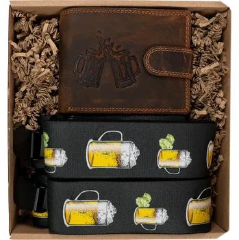 Peněženka PIX Dárkový set pro muže - Kožená peněženka s přezkou a kšandy - Pivo