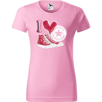 Dámské tričko levne-damske-bavlnene-tricko-potisk-srdce-tenisky Velikost dámská trička Basic: XXL šířka 59, délka 69, Odstín dámské tričko Basic: Růžové
