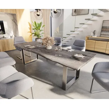 Jídelní stůl DELIFE Jídelní stůl Edge 260x100 akácie platinová nerezová ocel úzký Live-Edge