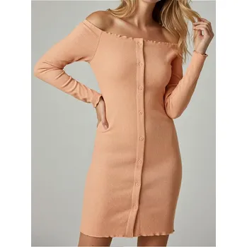 Dámské šaty Sinsay - Žebrované midi šaty s odhalenými rameny a knoflíky - oranžová - 5765J-24J - 5765J-24J-XXS