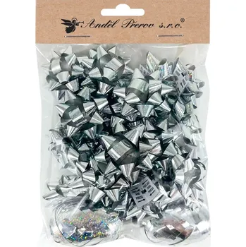 Stuha Sada na balení dárků stříbrná, rozeta 5 x 2 x 5 cm 20 ks, stuha 0,5 cm x 10 m 2 ks