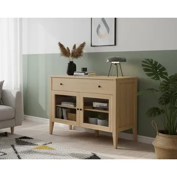 Komoda Buková komoda ROMA KT6 prosklená přírodní Dvířka: Dvířka - čiré sklo, Úchyty: úchyt - černá