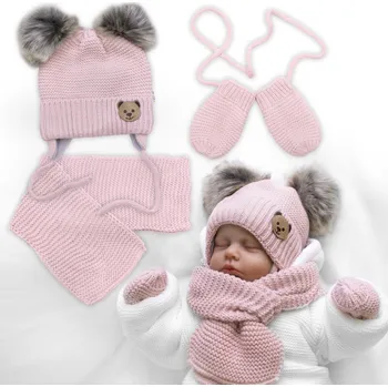 Čepice Baby Nellys Dětská sada, zimní čepice s šálou + rukavičky 3D, Teddy Bear - pudrově růžová M