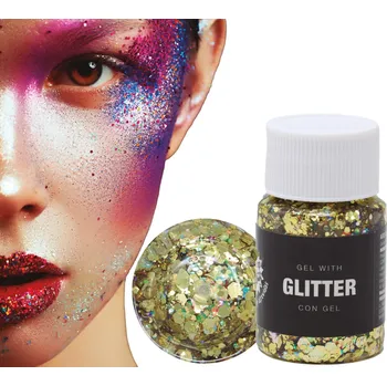 Karnevalový doplněk Fiestas Guirca Make-up gel se zlatými třpytkami na obličej, 20 g