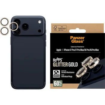 Telefonní příslušenství PanzerGlass® Hoops® ochrana čočky fotoaparátu iPhone 17/16 Pro/Pro Max zlatá třpytivá